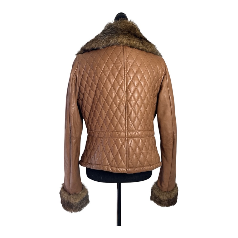 Arden B 100% Leather Quilted Faux Fur Trim Jacket Size L Camel Brown Y2K - Picture 5 of 9